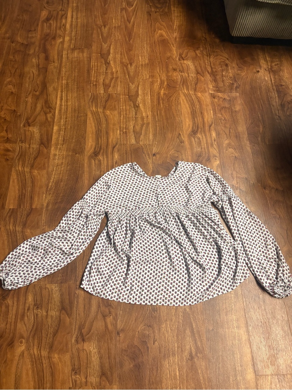 Floral V-Neck Blouson Sleeve Peasant Blouse Top White Small - Picture 6 of 6